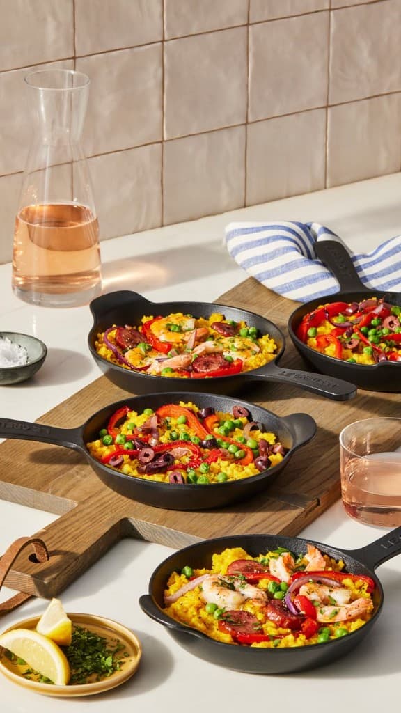 Warm kitchen scene with cookware and prepared food